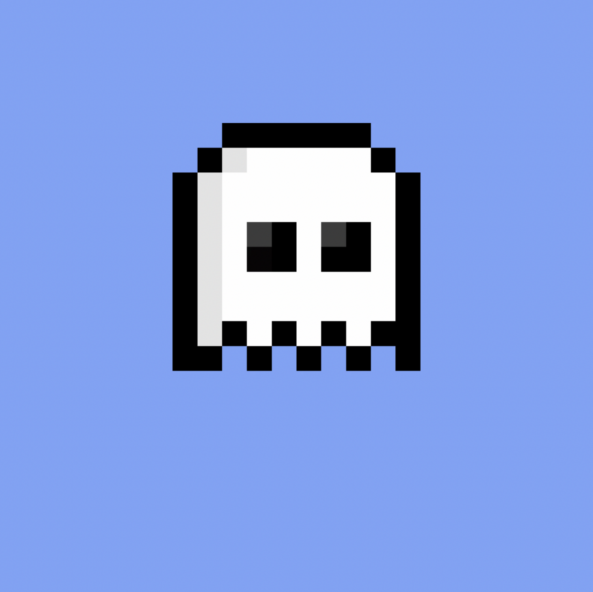 A floating pixelated ghost head against a light blue and purple background.