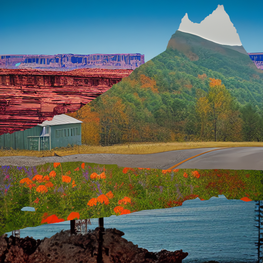 A digital collage of various landscapes from the American continent in green, blue, and yellow colors.