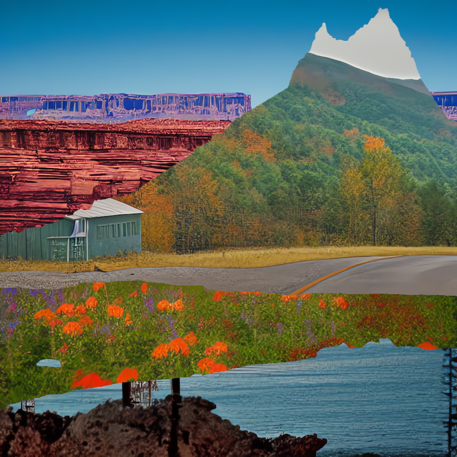 A digital collage of different landscapes from the American continent in green, blue and yellow colors.