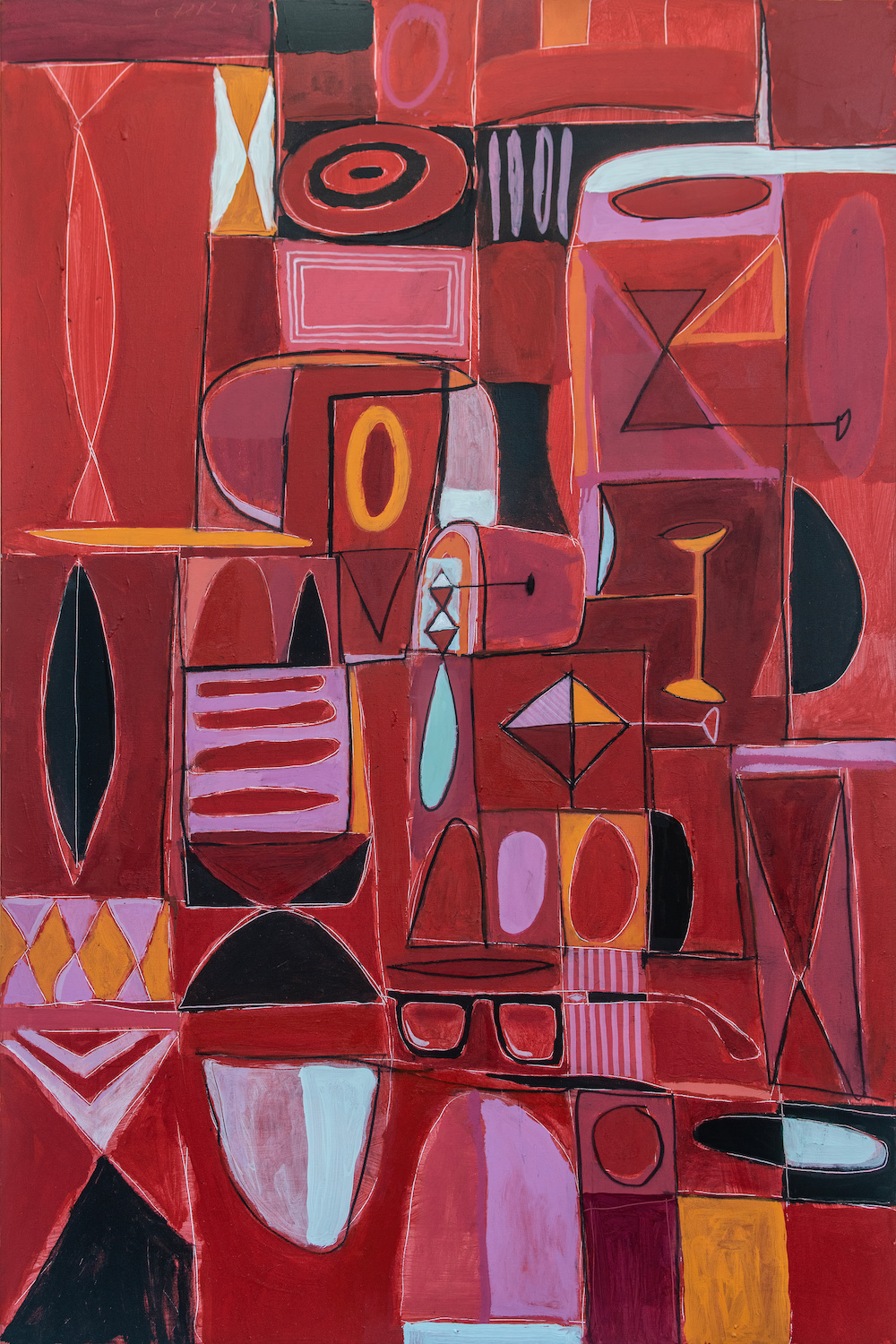 An abstract painting of geometric shapes in red, black, and orange hues.