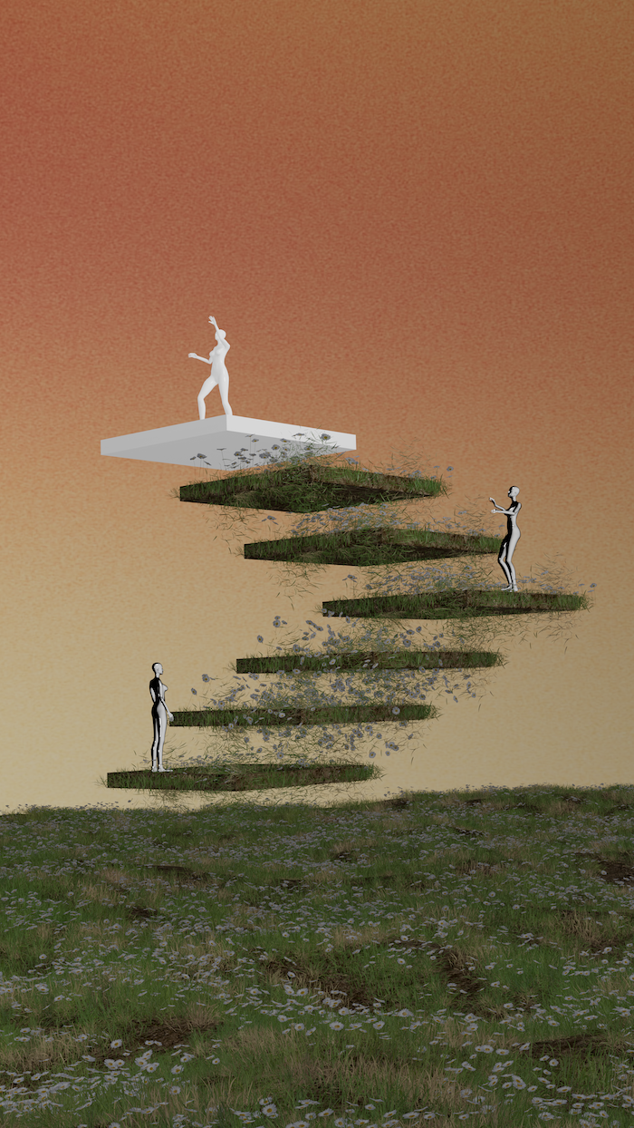 A digital composition of seven floating platforms in the air forming a giant stairway in the sky above the groun with three figures on the platforms at varying levels.