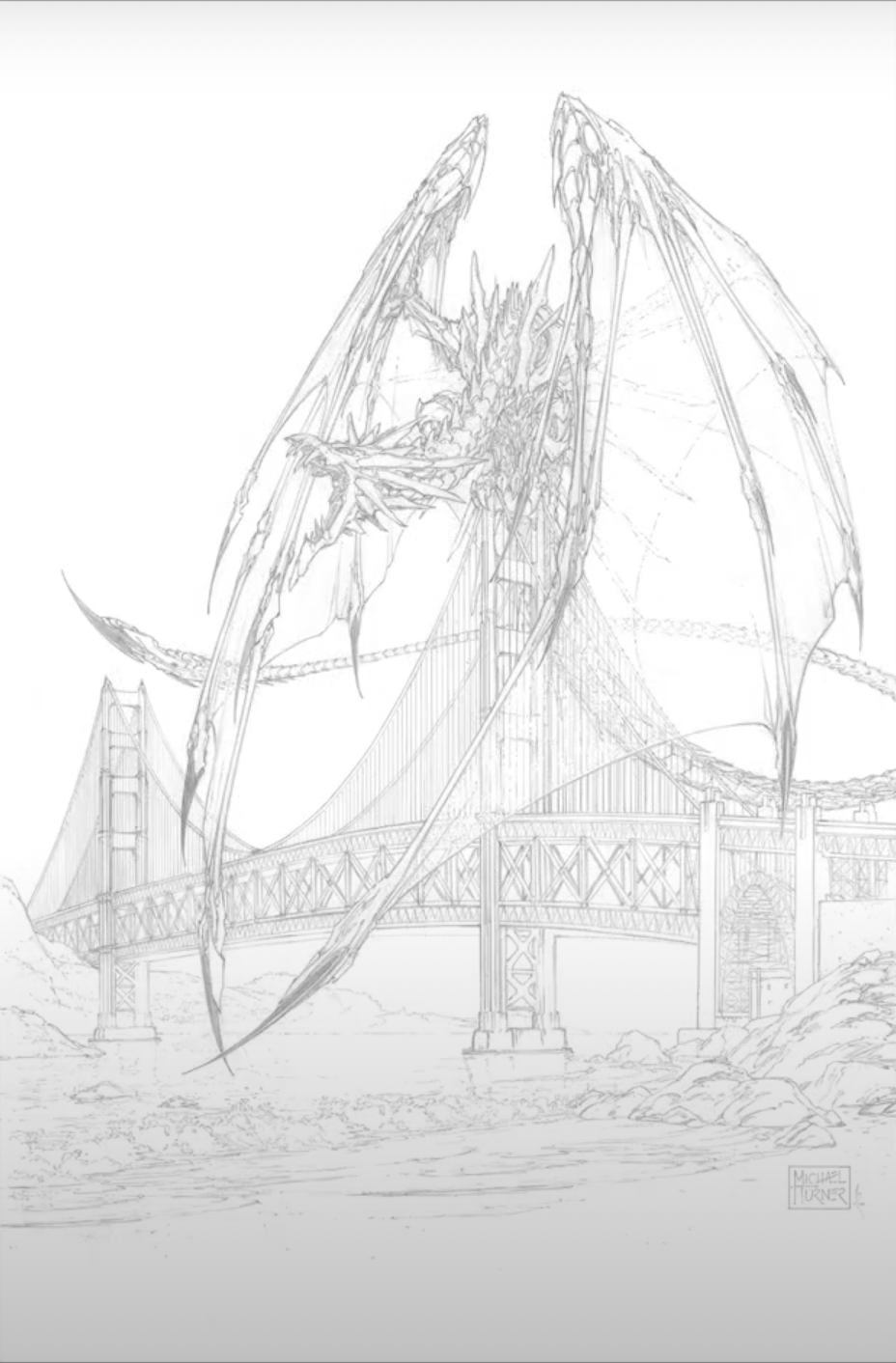 A line drawing of a dragon atop a bridge with its massive wings folded in front of itself.