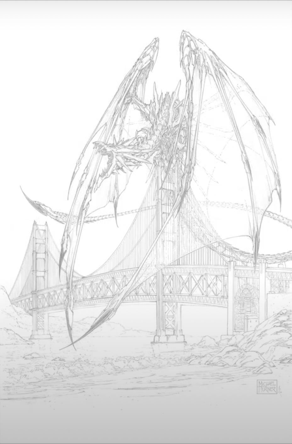 A line drawing of a dragon on top of a bridge with its massive wings folded in front of itself.