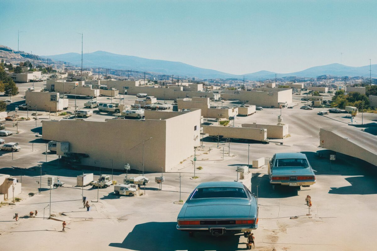 An urban scene in an imagined setting in the southwestern United States with cars and adobe-like buildings.