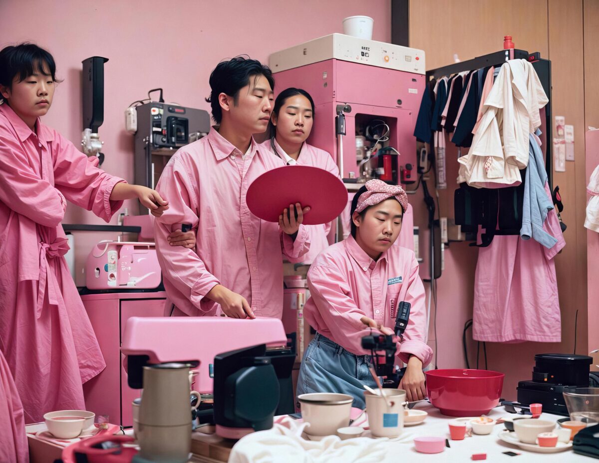 An AI photograph of several figures in a textile factory wearing pink.