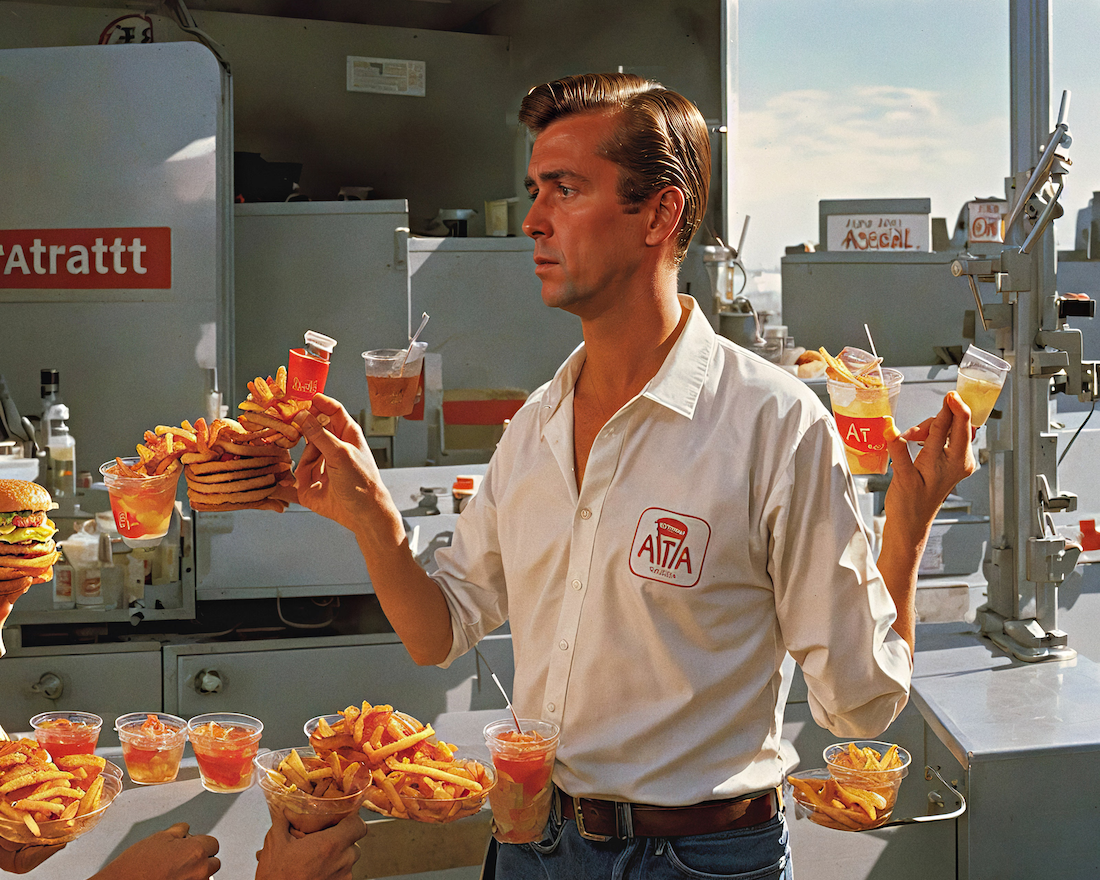 An AI photo of a man at a food stand in an aesthetic the recalls 1960s Americana.