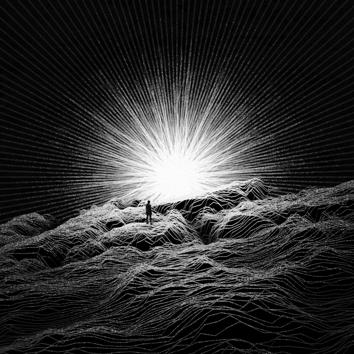 A black and white digital drawing of a person standing on rocky terrain in front of a giant glowing light in the middle of the image.