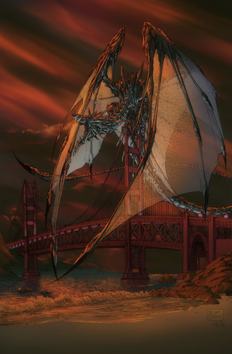 A colored drawing of a red dragon atop a bridge with its massive wings folded in front of itself.