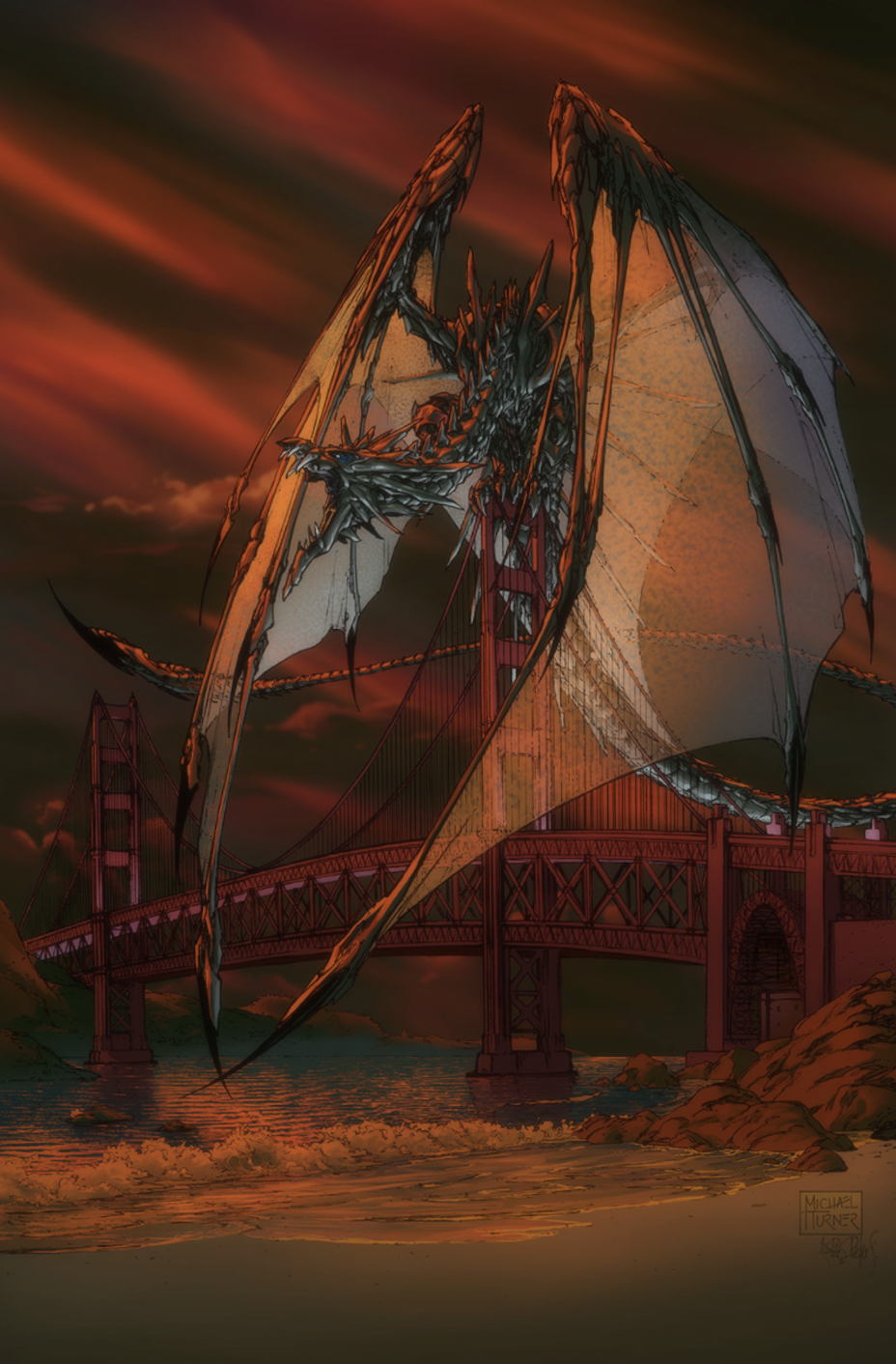 A colored drawing of a red dragon on top of a bridge with its massive wings folded in front of itself.