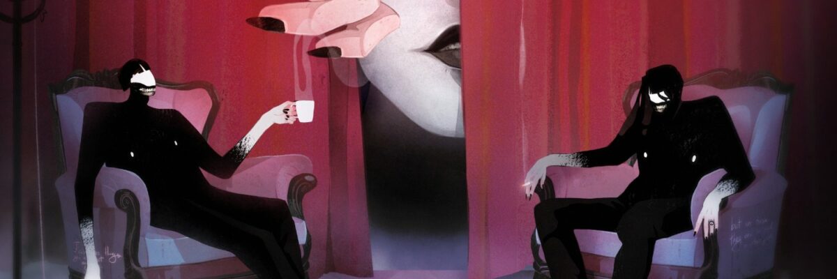 figures sit in chairs with coffee, the curtain behind them opens by a giant hand