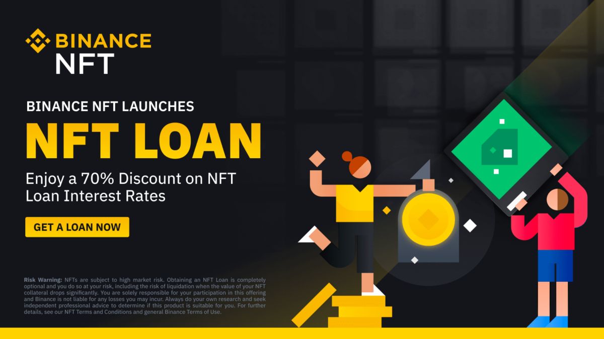 Prueba amarilla sobre un fondo negro que dice "Binance lanza préstamos NFT, disfrute de un 70% de descuento en las tasas de interés NFT".
