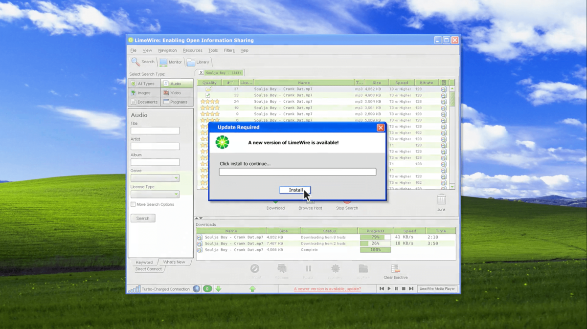 A mock up windows screen showing the LimeWire interface