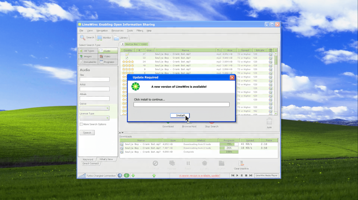 A counterfeit Windows screen with the LimeWire interface