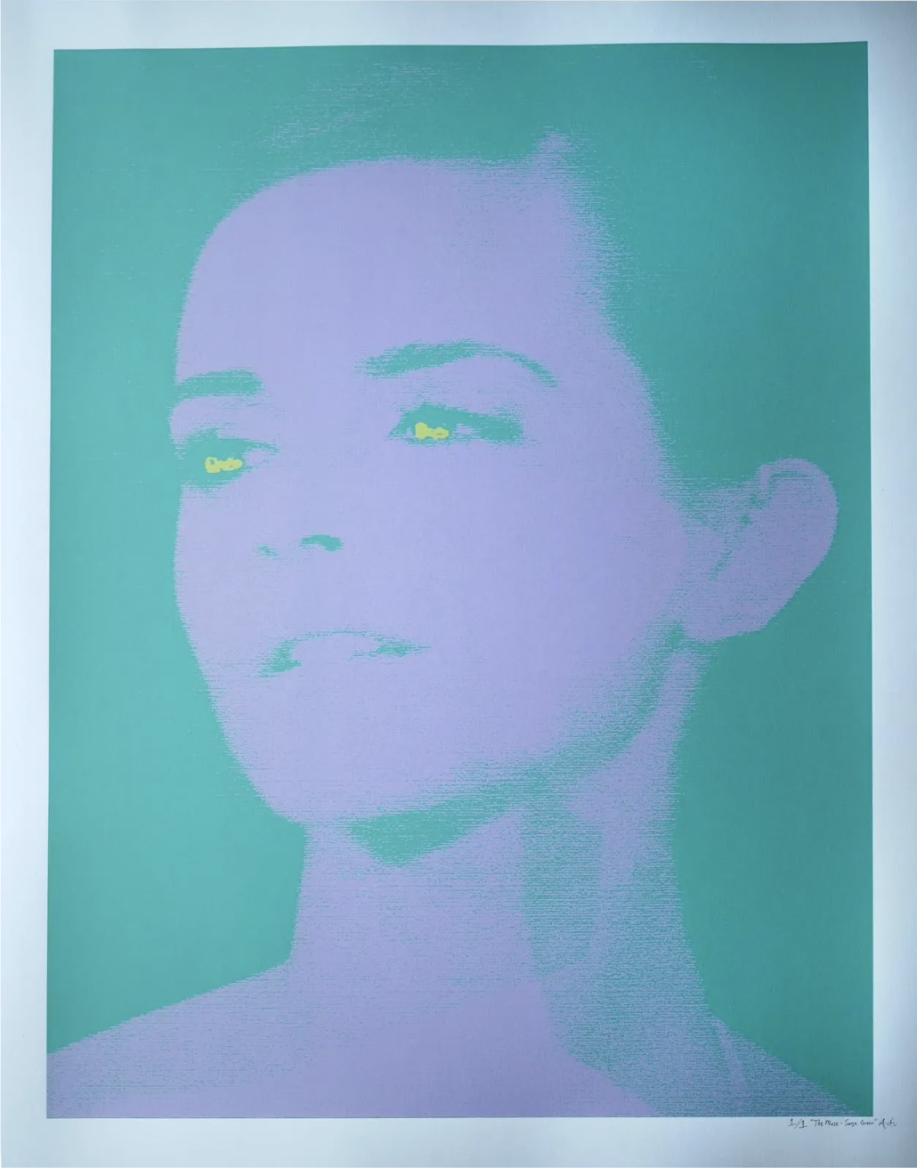 A faded two-tone image of a woman with bright eyes.