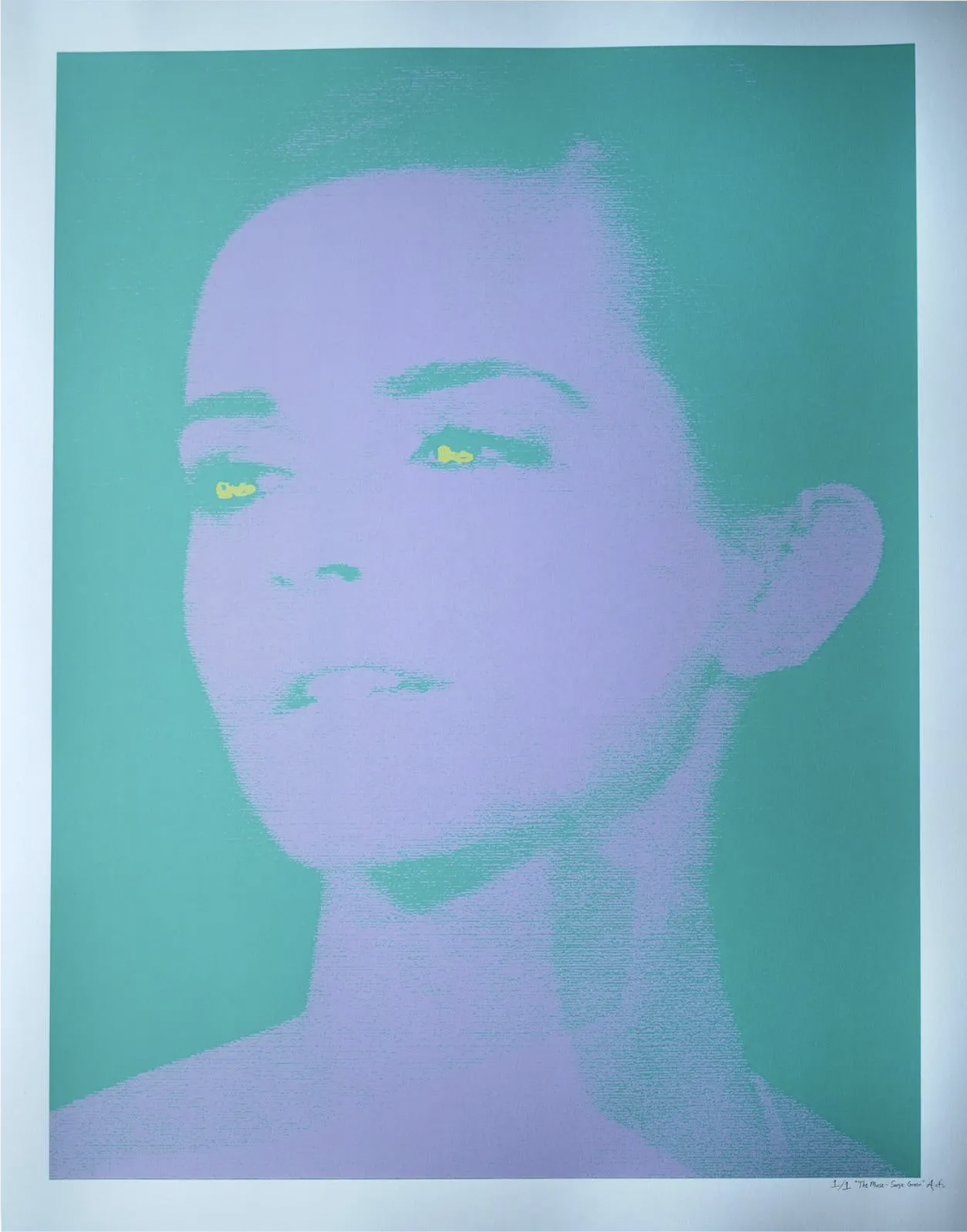 A faded two-tone image of a bright-eyed woman.