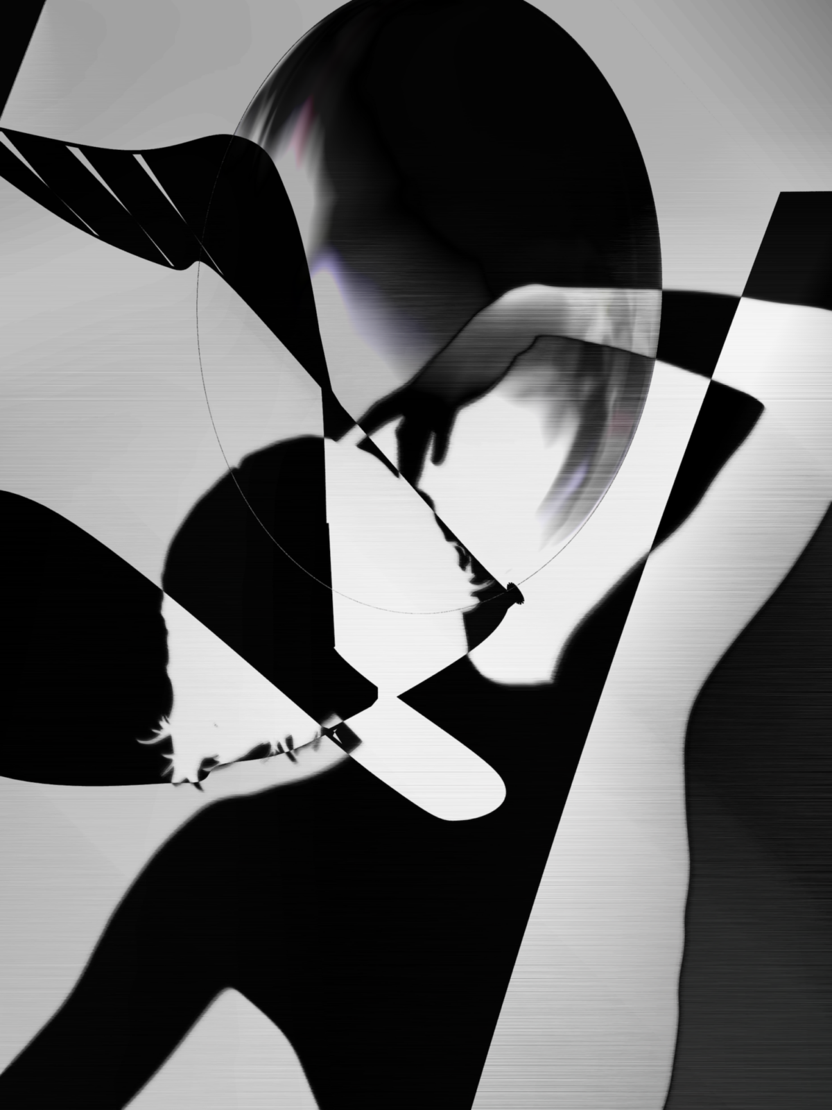 A black and white silhouette portrait of a dancing woman with abstract lines and circles across the top of the image.