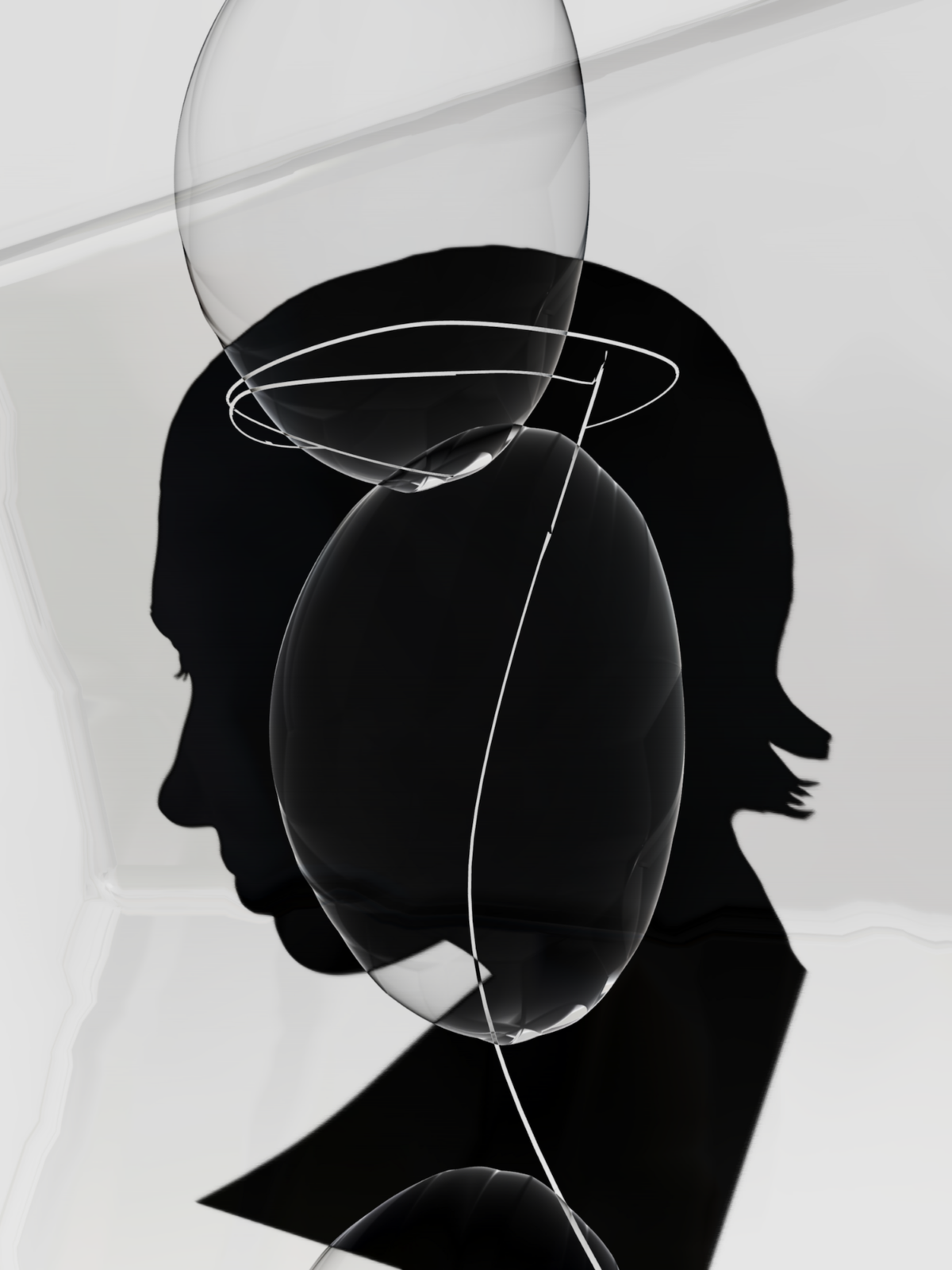 A black and white silhouette portrait of a woman with abstract lines and circles across the top of the image.