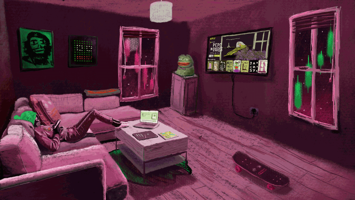 A purple-hued living room showing a person sitting on a couch using their phone with Pepe-themed paraphernalia everywhere. 