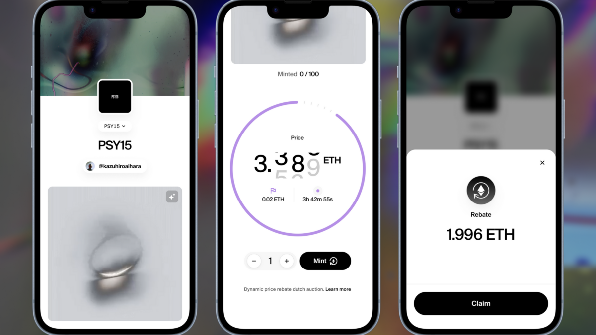 A digital mockup of three mobile phones with a live pricing system with artwork and changing cryptocurrency prices on the phone screens.
