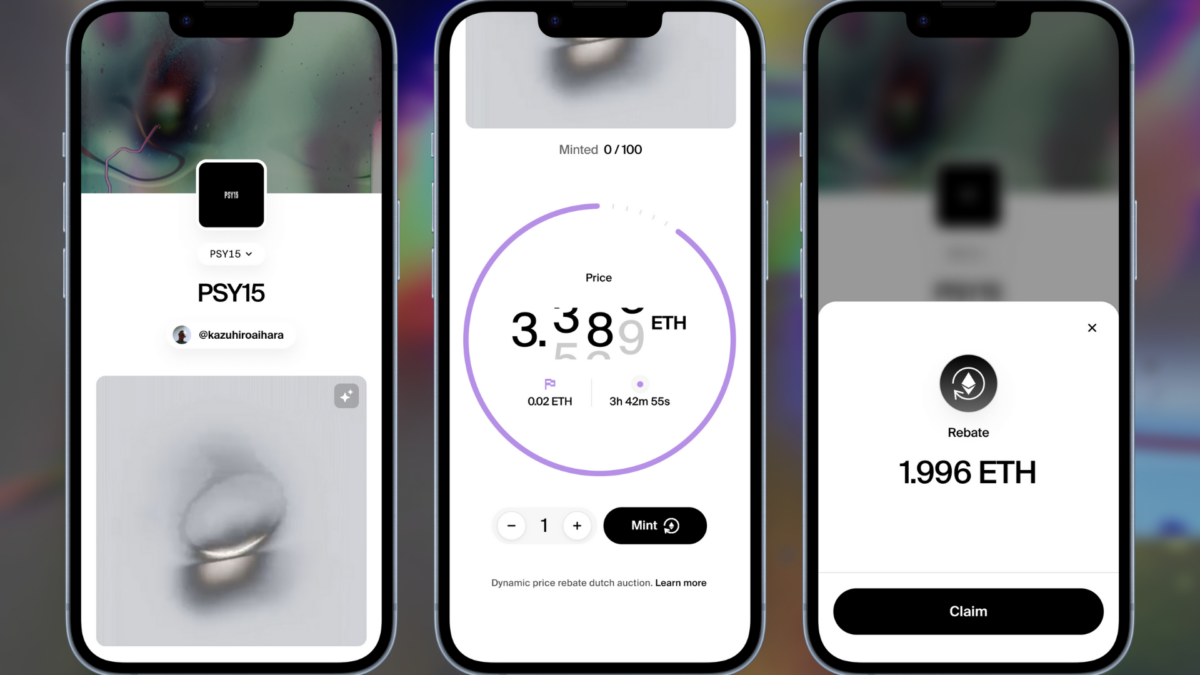 A digital mockup of three mobile phones featuring a live pricing system with illustrations and changing cryptocurrency prices on the phone screens.