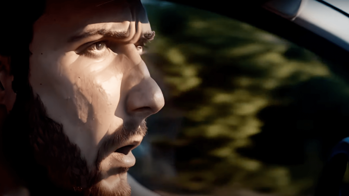 An still image of a man's face in a car from an AI-generated short film by Roope Rainisto.