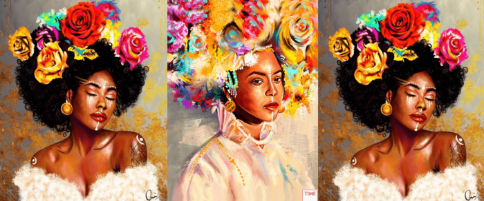 Three digital images of painting-like portraits of women with dark skin with colorful flowers in their hair. 