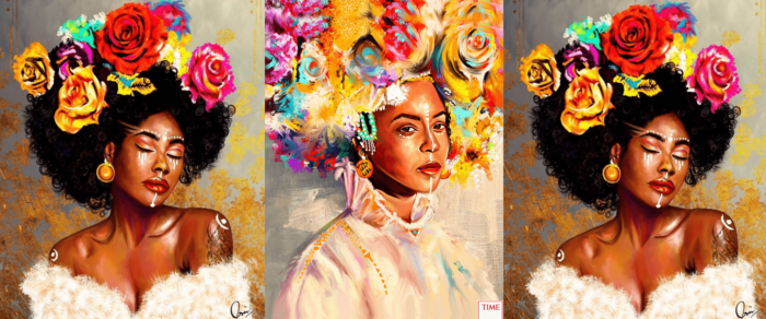 Three digital images of painting-like portraits of dark-skinned women with colorful flowers in their hair. 