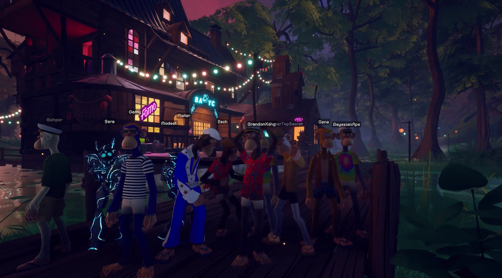 A digital scene from an in-game experience in which several ape-like avatar characters stand in a swamp environment on a dock with bright lights behind them.