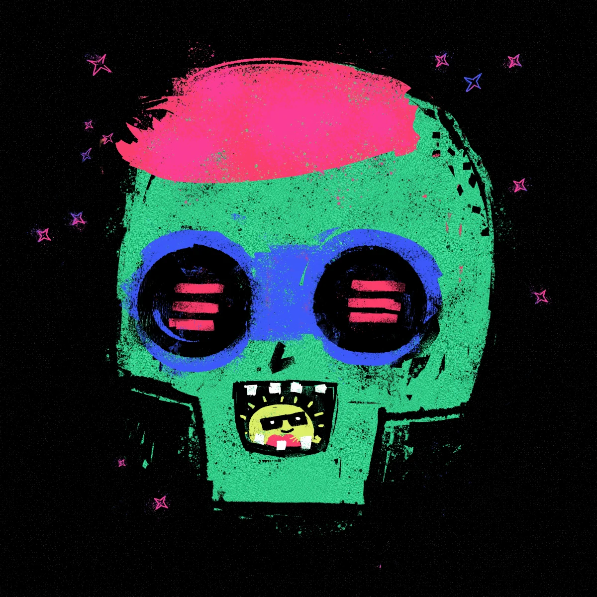 A Grifter with pink hair and blue goggles on black