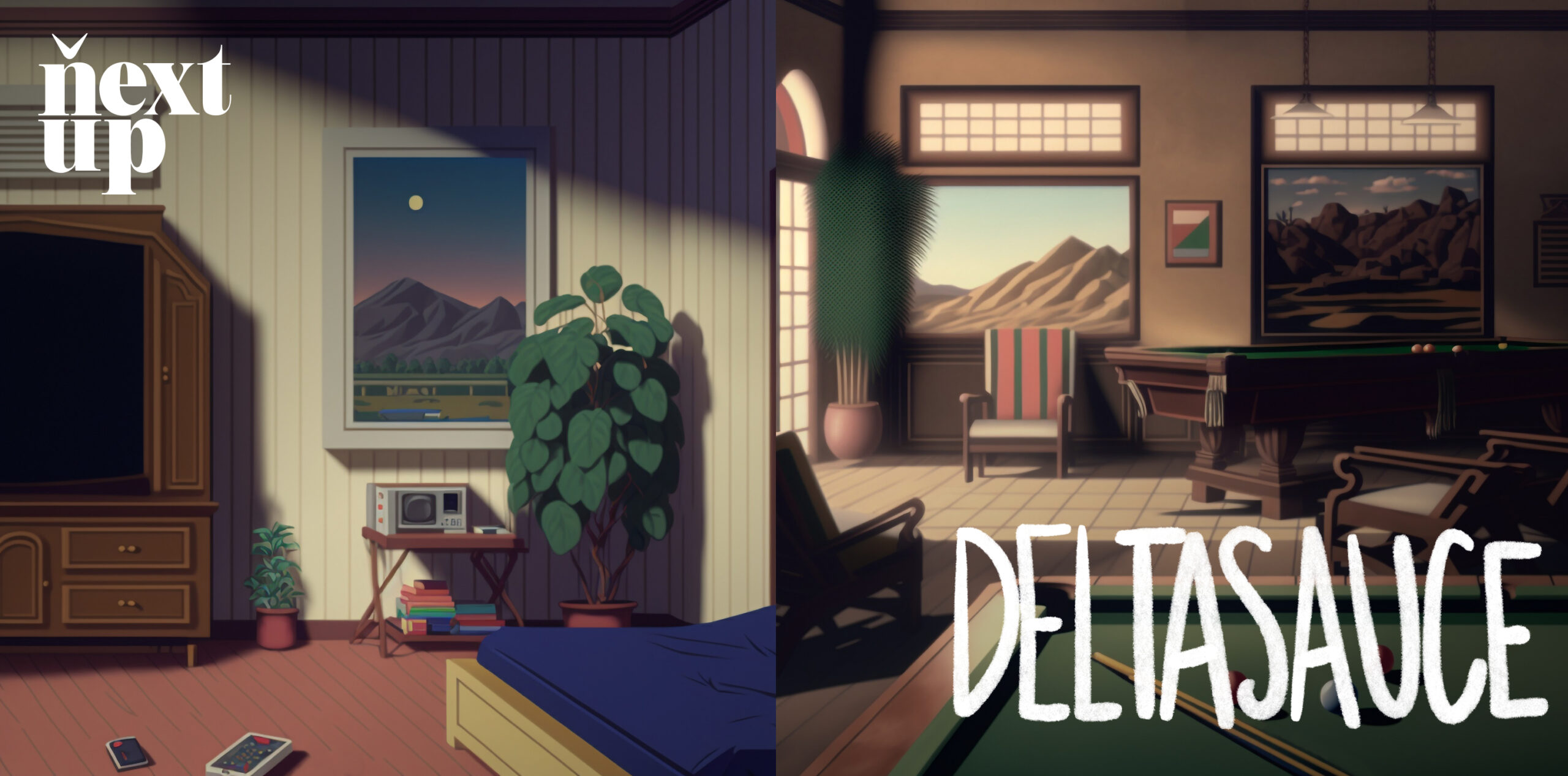Two DeltaSauce interiors side by side, a bedroom with a mountain painting and a billiard room